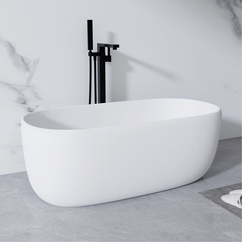 Baignoire de trempage autoportante en résine de 51 po à surface solide avec trop-plein et bonde escamotable blanche 51 po