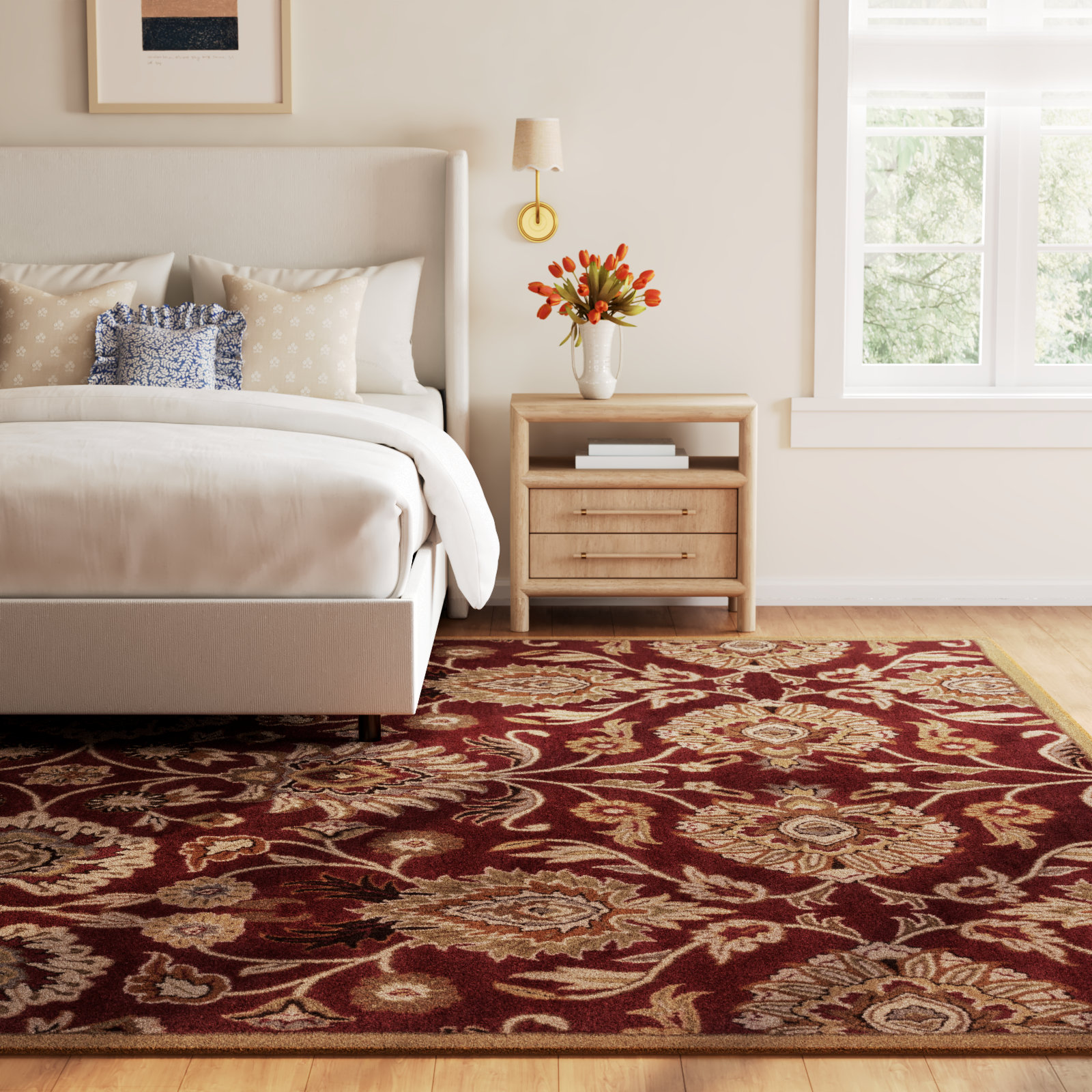 Arden Burgundy Hand-Tufted Wool Floral Rug, Rectangle 6' x 9'