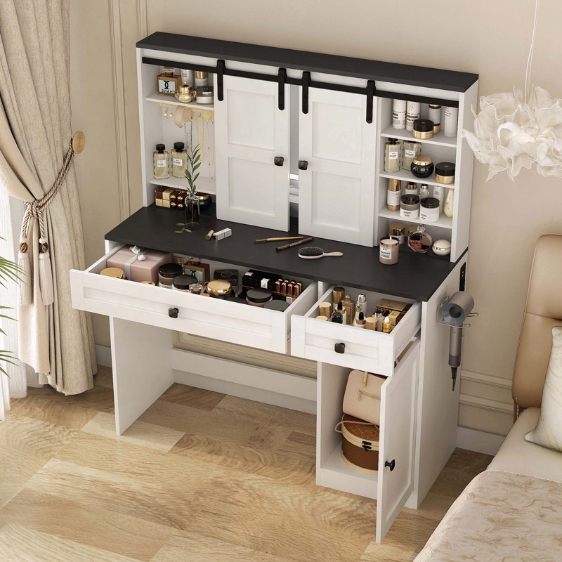 Coiffeuse Farmhouse avec miroir lumineux et rangement
