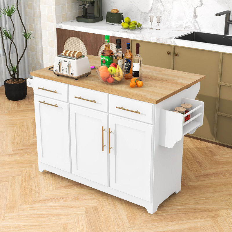 Rolling Kitchen Island with Drop Leaf, Trash Can Cabinet, Pull-Out Cabinet and Power Outlet, White