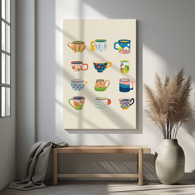1pc Framed Canvas Wall Art Prints Poster, Cute Coffee And Tea Cup Funny Colorful Kitchen Mug Art Posters Canvas Print Painting for Living Room Bedroom Office Bathroom Dorm Home Decor, Ready To Hang
