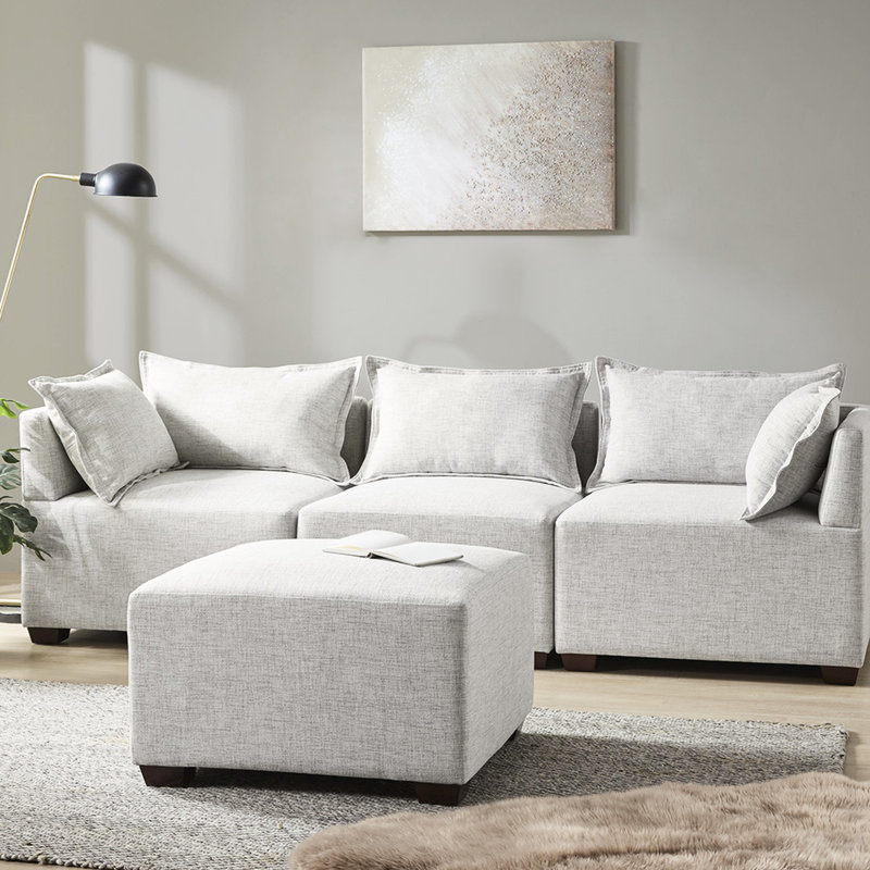 Fauteuil inclinable modulaire, base en bois foncé, coussin décoratif en tissu, structure solide, coussin de soutien du mollet