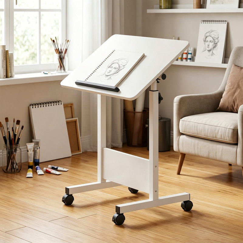Bureau debout à hauteur ajustable sur roulettes, table d'ordinateur portable pliable pour bureau de chambre à coucher, Blanc