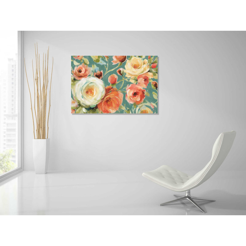 «Florabundance I Autumn Teal» par Lisa Audit, art mural en verre acrylique, 24 po x 16 po, H 24 po x l 36 po x P 0,2 po