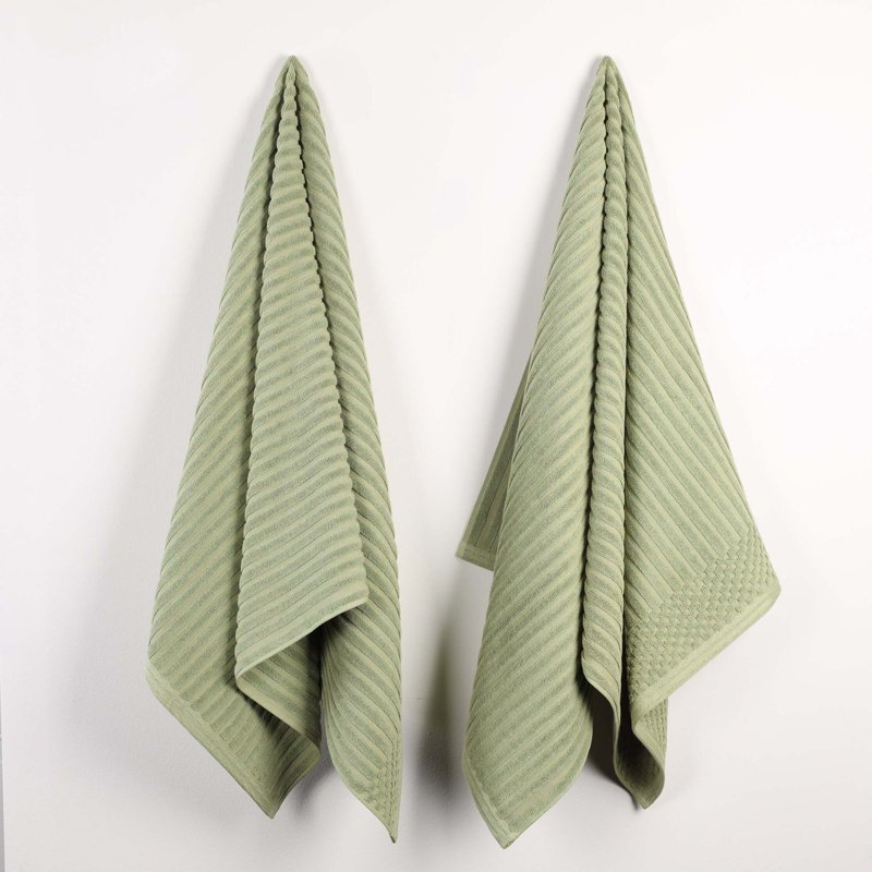 Ruvins Cotton Highly Absorbent Solid and Checkered Border Bath Sheet Set, Sage Green
