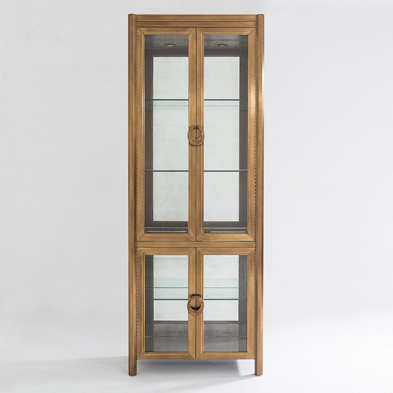 Lighted Poplar and Dark Brass China Cabinet with Glass Shelves
