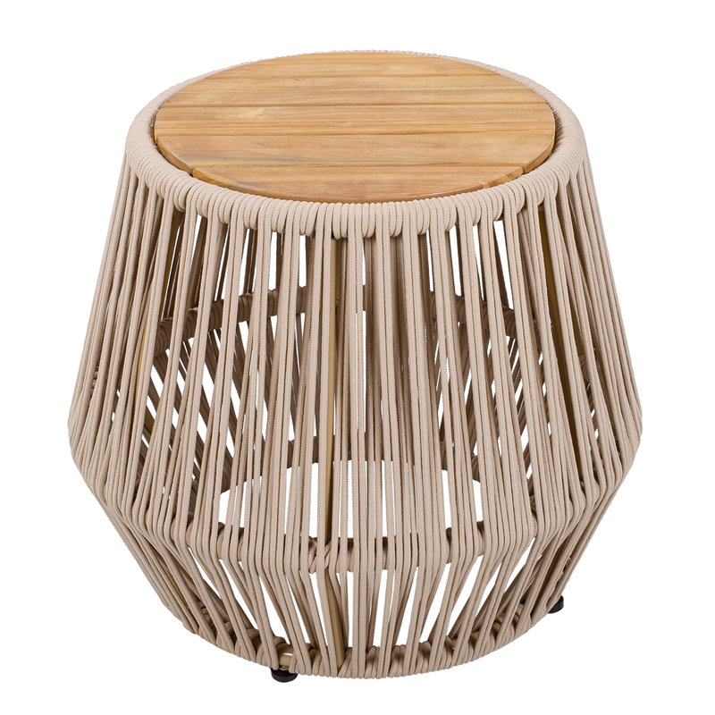 Lacey Patio Acacia Wood Side Table with Rope Base, Beige Rope/Light Teak Finish