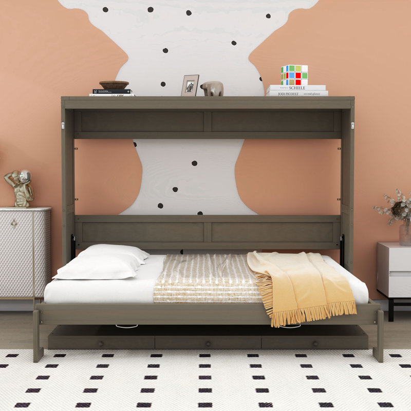 Grand lit escamotable en bois avec coiffeuse et tiroirs intégrés, Gris patiné