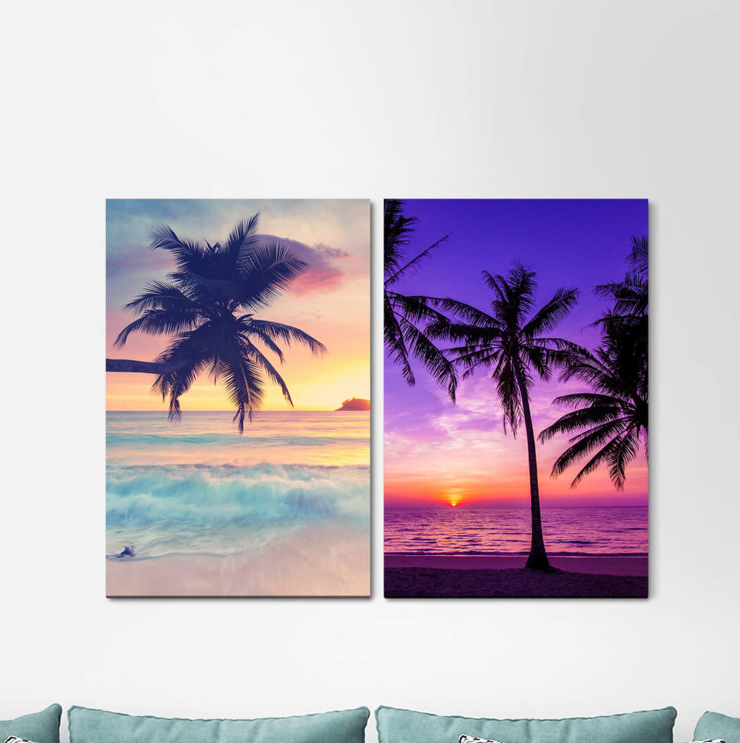 2-tlg. Leinwandbilder-Set - Grafikdruck „Palms Dream Beach South Sea Paradise Sunset Relaxing”