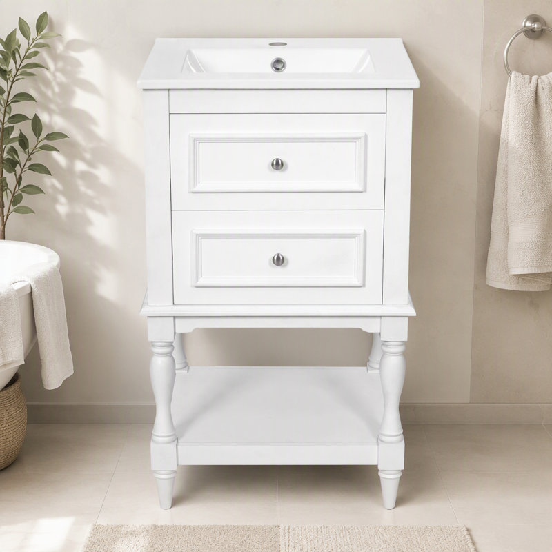 Meuble-lavabo de 20 po avec lavabo en céramique, armoire de rangement avec tablette ouverte, armoire de salle de bain rétro avec 2 tiroirs