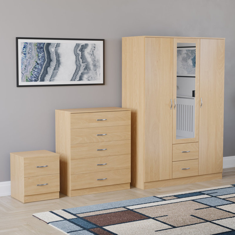 Maybery 3 Piece Bedroom Set (2 Drawer Bedside Chest, 5 Drawer Chest, 3 Door 2 Drawer Mirrored Wardrobe), (5), Pine