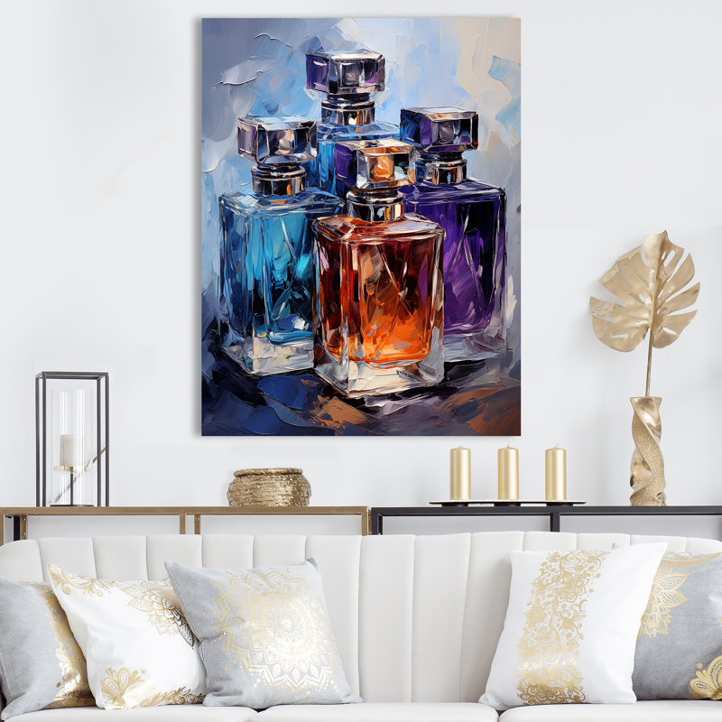 Bleu et mauve, bouteilles parfumées, élégance - Parfums, art mural, Toile tendue, H 32 po x l 24 po
