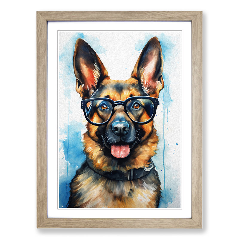 German Shepherd With Glasses - Single Picture Frame Print on Wood, Oak, 34cm H x 25cm W x 2cm D