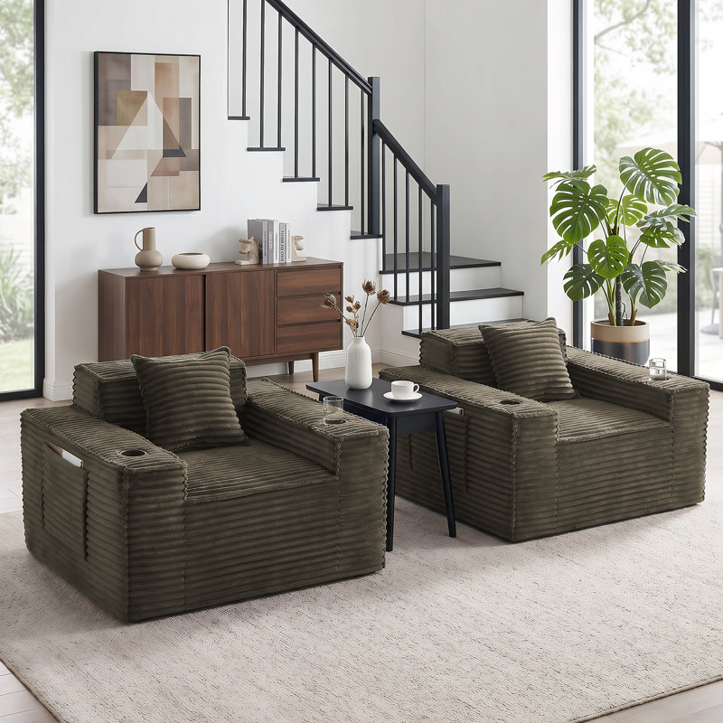 43'' W Oversized Corduroy Armchair With Pillow, Compression Single Sofa Upholstered Couch With 2 Cup Holders For Living Room, Bedroom, Apartment, Office