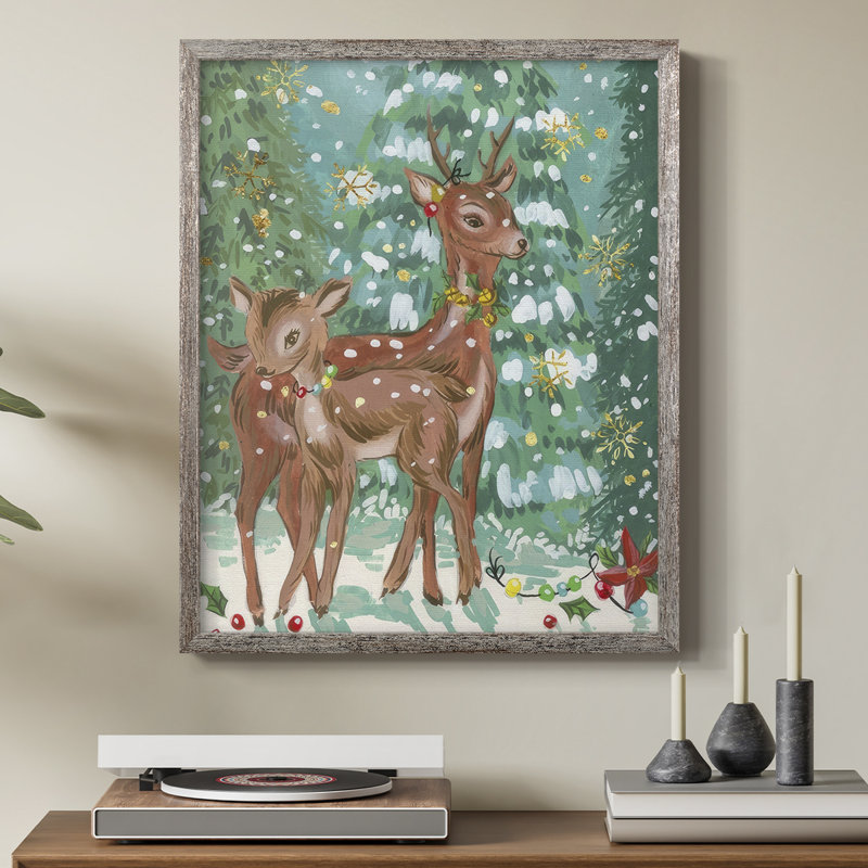 «Doe and Fawn II», reproduction encadrée - bois massif, H 15 po x l 12 po