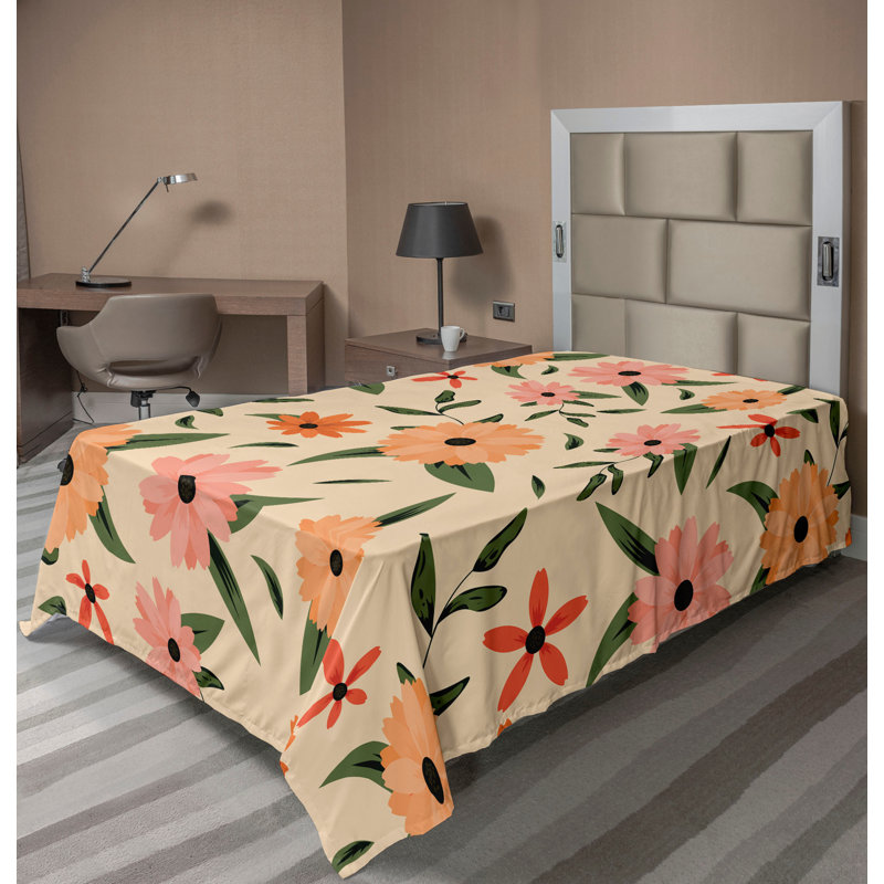Drap plat moderne de style bohème Ambesonne, Drap plat pour lit simple, Vert olive / motif floral saumon pâle