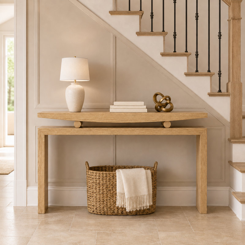 Console de 59 po avec placage en grain de bois naturel et colonnes de soutien en bois massif, table de canapé d'entrée de style flottant et pieds réglables pour le couloir ou derrière le canapé