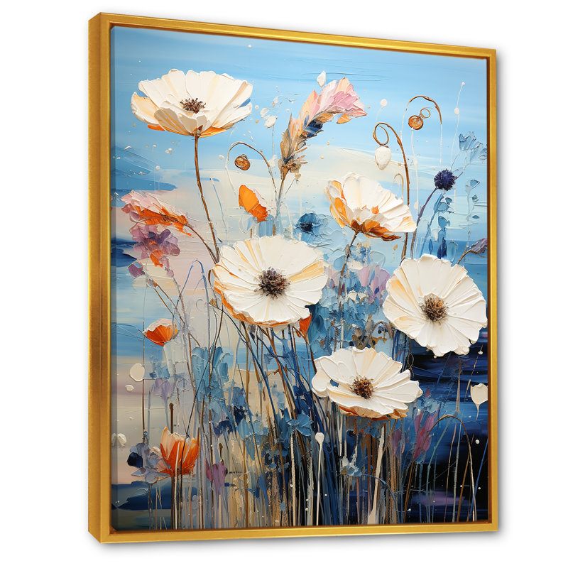 Mélodie de bleuet bleu sur toile, Cadre flottant doré, H 32 po x l 16 po x P 1 po