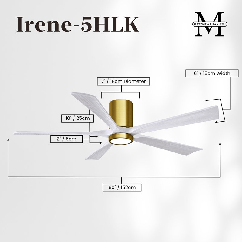 Irene Flushmount Light Kit 5 Blade LED Ceiling Fan, Brushed Brass, 60", Matte White
