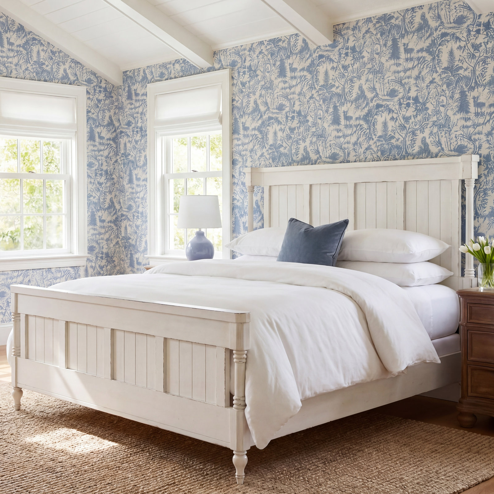 Country Living Wingback Oak Bed, White, Queen