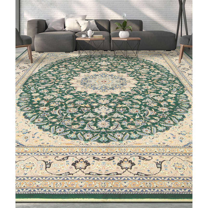 High-Quality Hand-Knotted Dark Green And Beige Area Rug