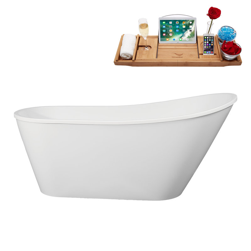 61" Streamline Soaking Freestanding Tub and Tray With Internal Drain, Glossy White