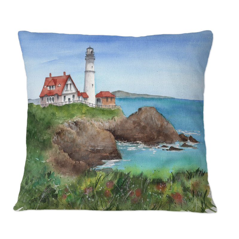Coussin décoratif à motif nautique et côtier «Lighthouse By The Oceanside», 16 po x 16 po
