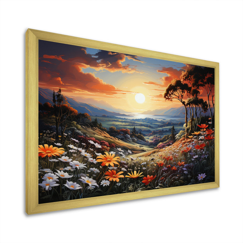 " Wildflowers Sunlit Meadows ", 34" H x 44" W x 1.5" D, Gold Single Picture Framed