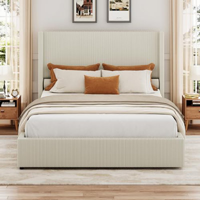 Upholstered Platform Bed Frame with Storage Drawers, Corduroy Wingback with Tufted Headboard