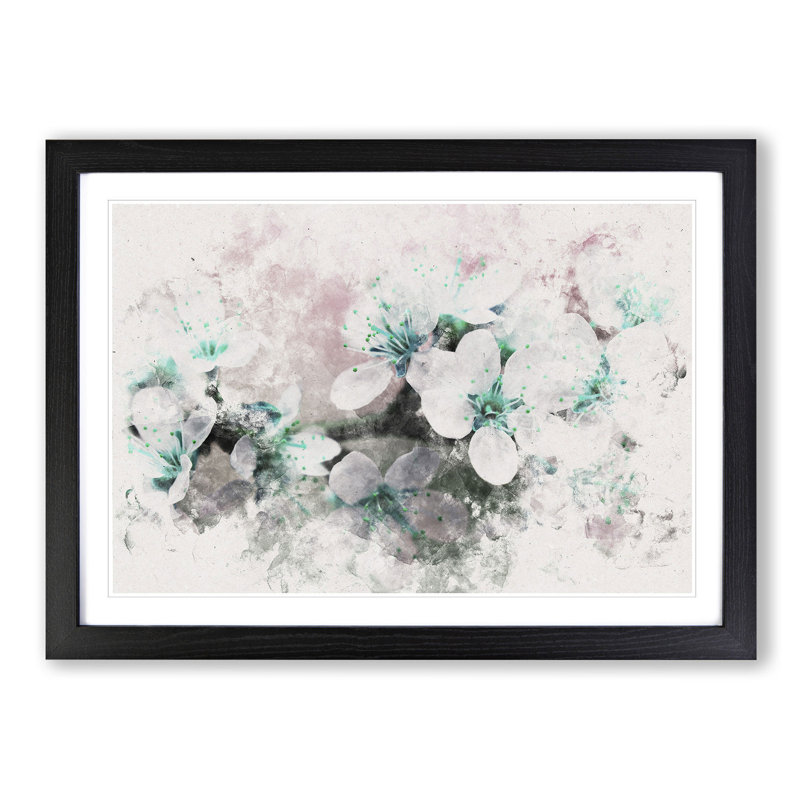 White Cherry Blossom Tree In Bloom Watercolour - Picture Frame Graphic Art on MDF, 45cm H x 63cm W x 2cm D, Black