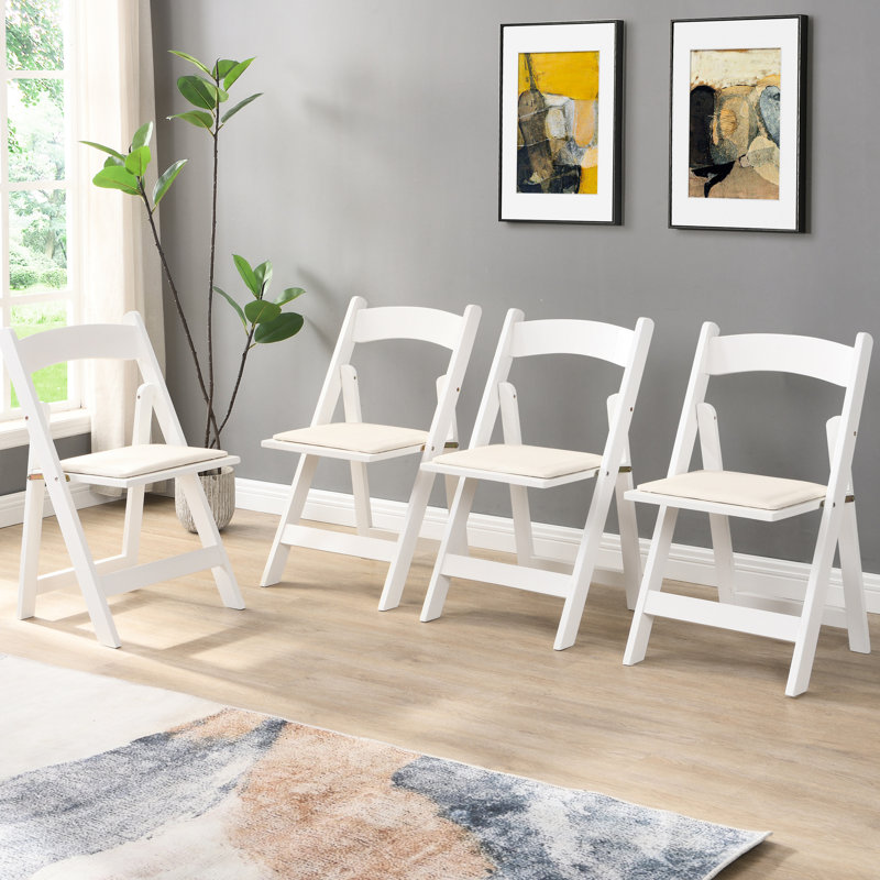 Ensemble de 4 chaises pliantes en bois massif - Facile à plier, confortable, coussin beige et tablette blanche