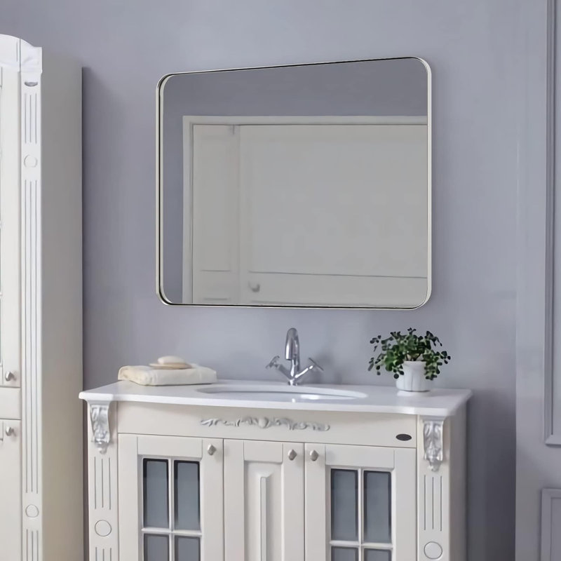 Inse Modern Rounded Rectangle Bathroom Vanity Mirror | Stainless Steel Frame, 36" x 30", Polished Chrome