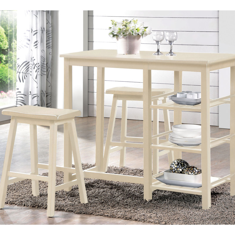 3 comptoirs à hauteur de comptoir à l'ombre. Table avec tablettes. Confortable. Fabrication en bois. Idéal pour les petits espaces. 3 tablettes. Tabourets confortables. Pieds. Convient aux espaces