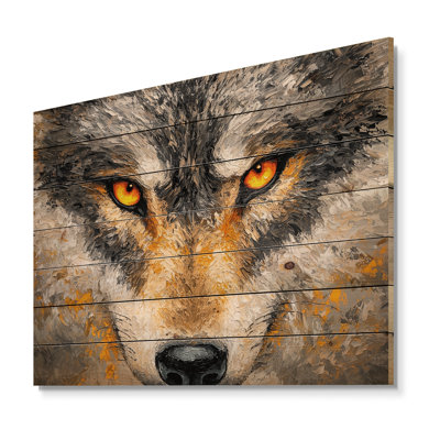Loup aux yeux de la forêt I - Art mural moderne en bois sur bois de pin naturel