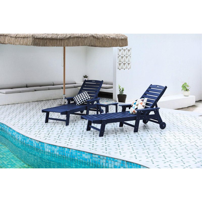 Of 2 Outdoor Chaise Lounge Chairs, Patio Chair With Wheels & Cup Holder In Navy Blue, Staining For Pool, Deck, Garden Corrosion