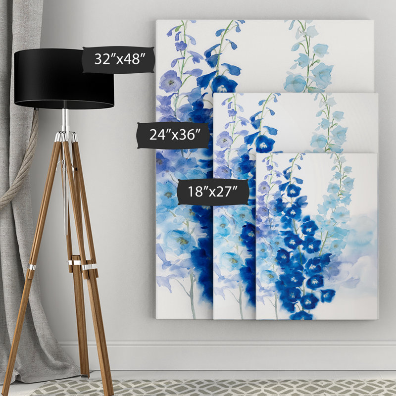 «Delphinium I», peinture sur toile tendue, H 24 po x l 36 po x P 1,5 po