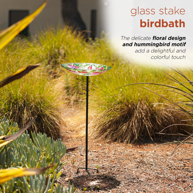 10" Floral Glass Stake Birdbath with Hummingbird Design
