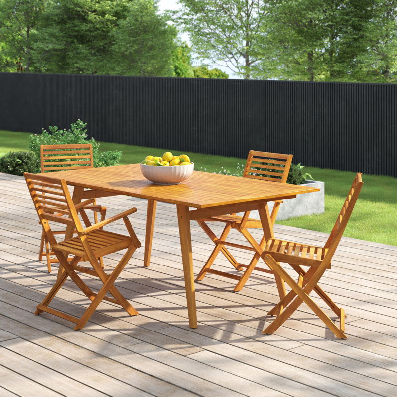 Ensemble de salle à manger d'extérieur 5 pièces comprenant une table rectangulaire en bois d'acacia et 2 fauteuils pliables avec 2 chaises d'appoint, 40 x 72 pouces, huile naturelle