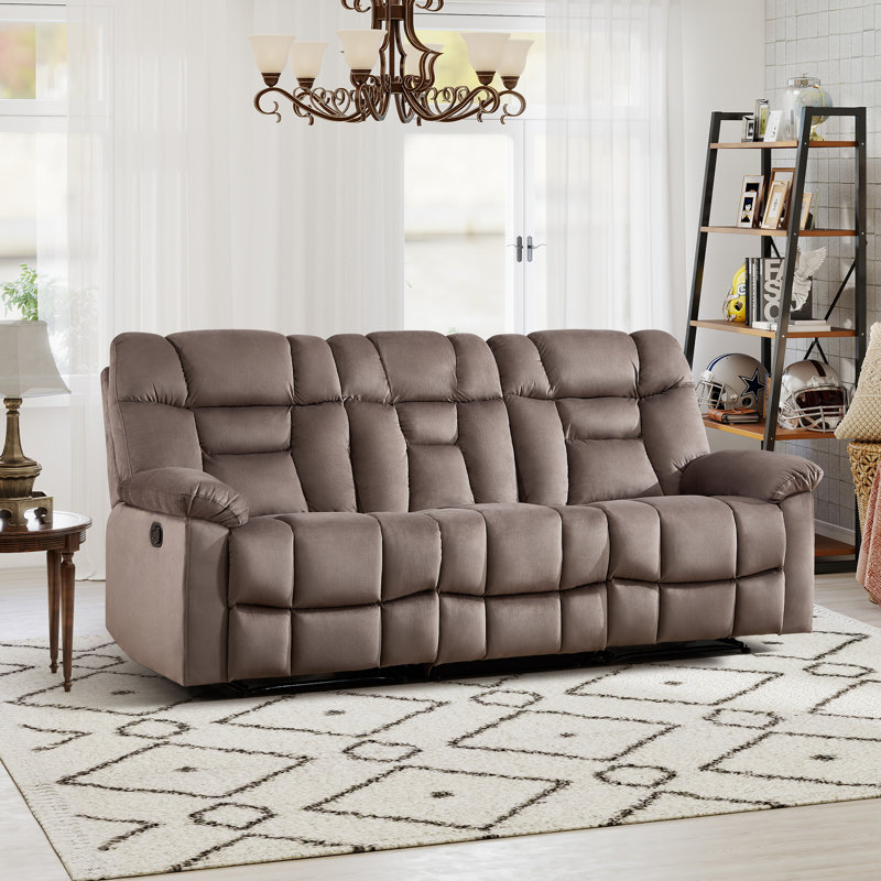Modern 3-Seat Manual Reclining Sofa With Soft Upholstery & Overstuffed Cushions, Mocha Brown