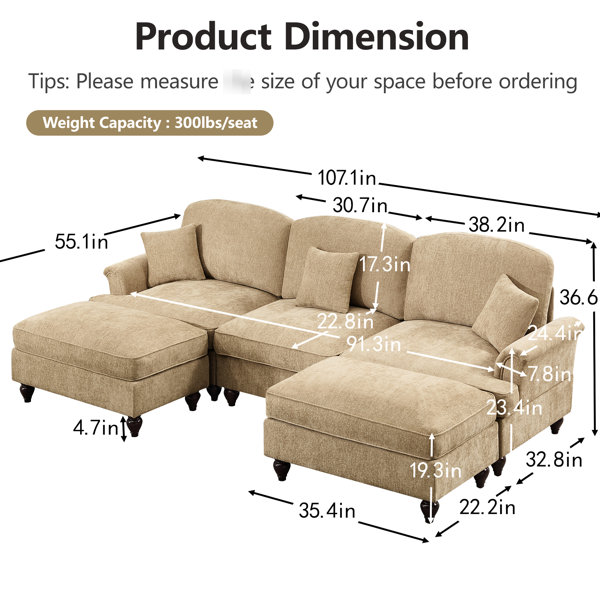 Latitude Run® Classic Comfy U Shape Sectional Couch With Flared Arms ...