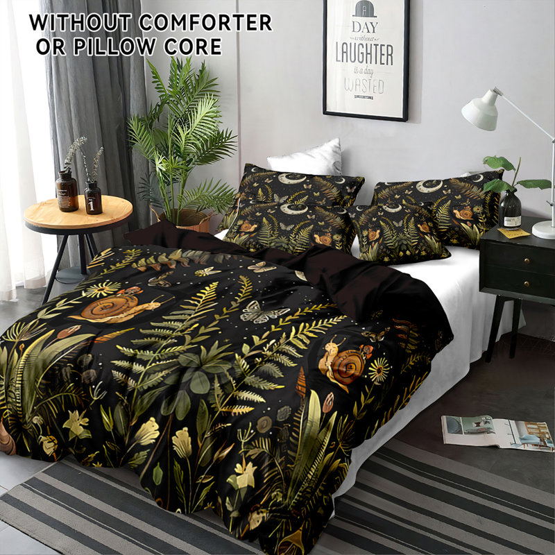 Forest Snail Botanical Microfiber Duvet Cover Set with Pillowcases, Digital Print Woodland Ferns and Moon Front on Black with Solid Black Back, Reversible Bedding, Twin Full Queen King, Comforter and Pillow Inserts Not Included