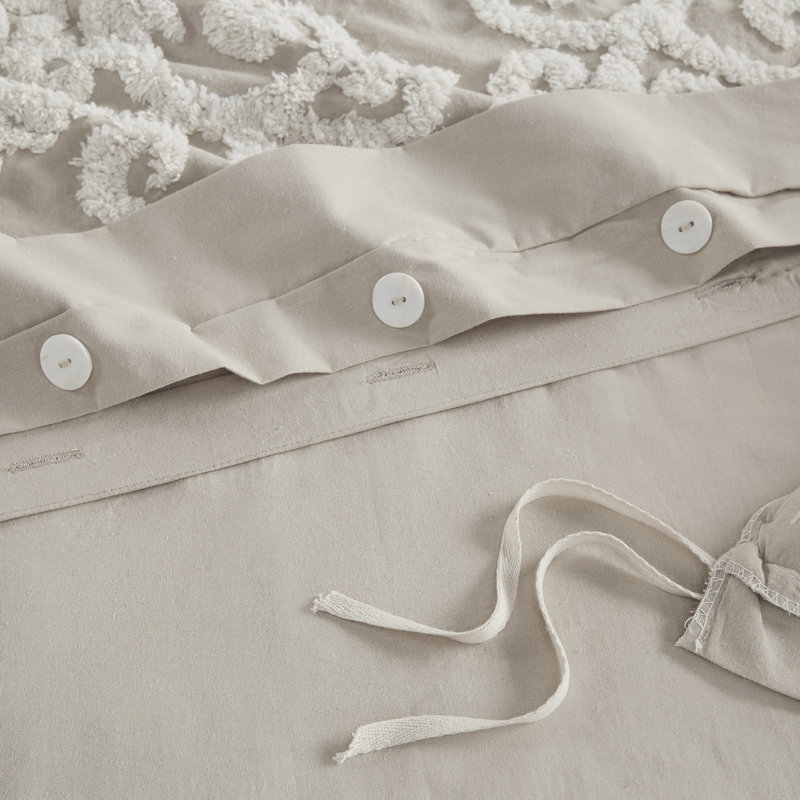 Suzanna Tufted Chenille Embroidered Medallion 3 Piece Cotton Duvet Cover Set, King Duvet Cover + 2 King Shams, Taupe