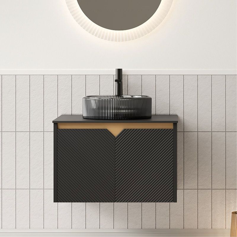Meuble-lavabo flottant mural de 24 po, lavabo en verre noir transparent avec rayures artistiques, comptoir en pierre frittée, portes doubles en sergé, amortisseur à fermeture en douceur, meuble-lavabo durable