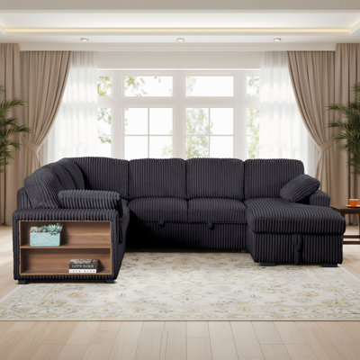Clitheroe 116.5" U-Shaped Corduroy Convertible Pull-Out Reclining Sectional Sofa Bed with Storage Chaise and Armrest