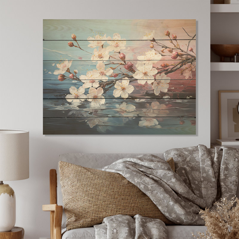 Magnifique fleur de pommier - champ de fleurs, art mural sur bois de pin naturel, H 24 po x l 32 po
