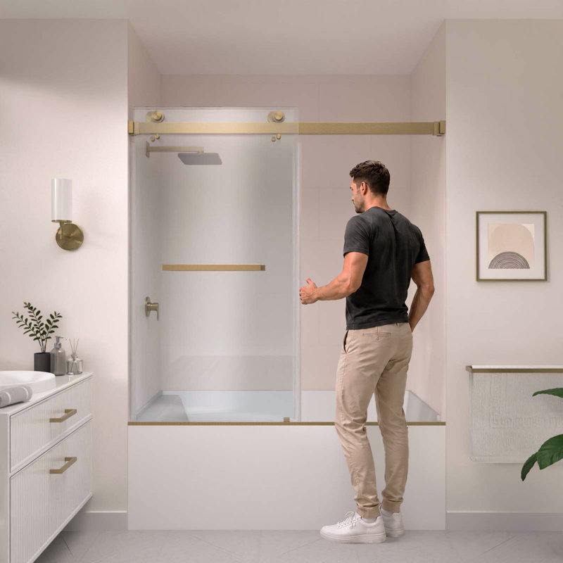 Catalyst 56"- 61" W x 60" H Double Sliding Frameless Shower Door in Brushed Bronze with 3/8" Clear Glass, Brushed Bronze