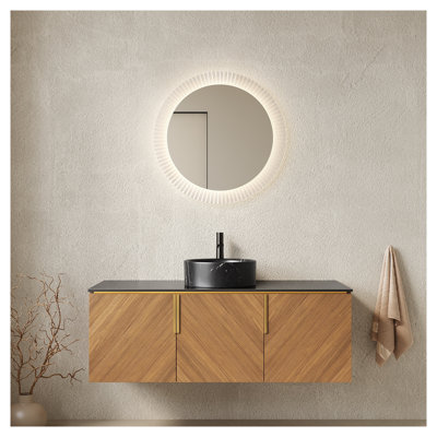 Meuble-lavabo mural de 122 cm avec lavabo, armoire en contreplaqué de chêne brun, comptoir en pierre frittée noire et lavabo rond en céramique.