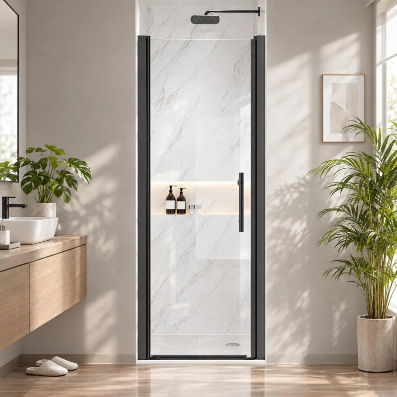 Porte de douche pivotante sans cadre de 26 à 27,5 po x H 68 po avec verre certifié Sgcc, Noir mat