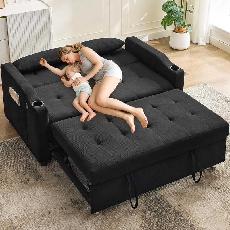 Canapé-lit 3 en 1 avec chargement USB, canapé-lit futon convertible pour petits espaces et véhicule récréatif, Black