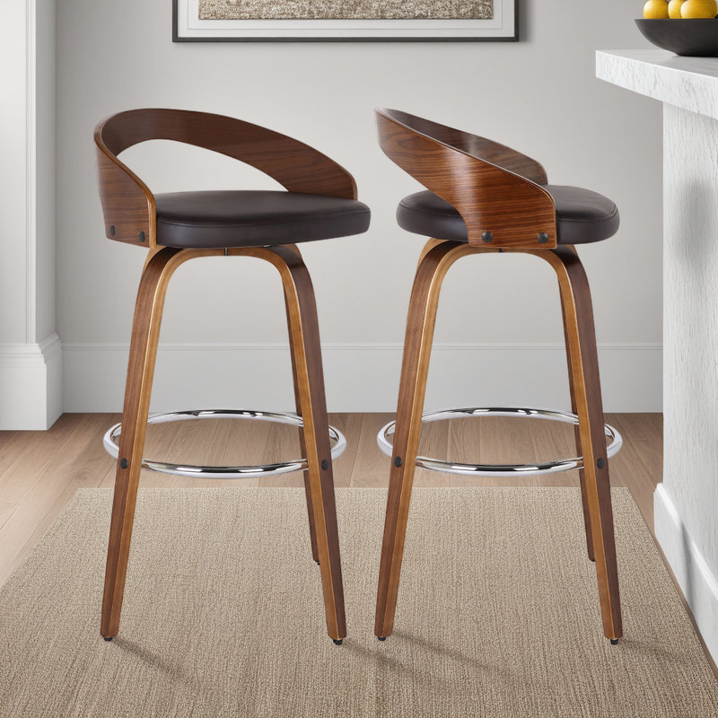Swivel Upholstered Counter Stool with Solid Wood Frame, Brown, 63.5cm